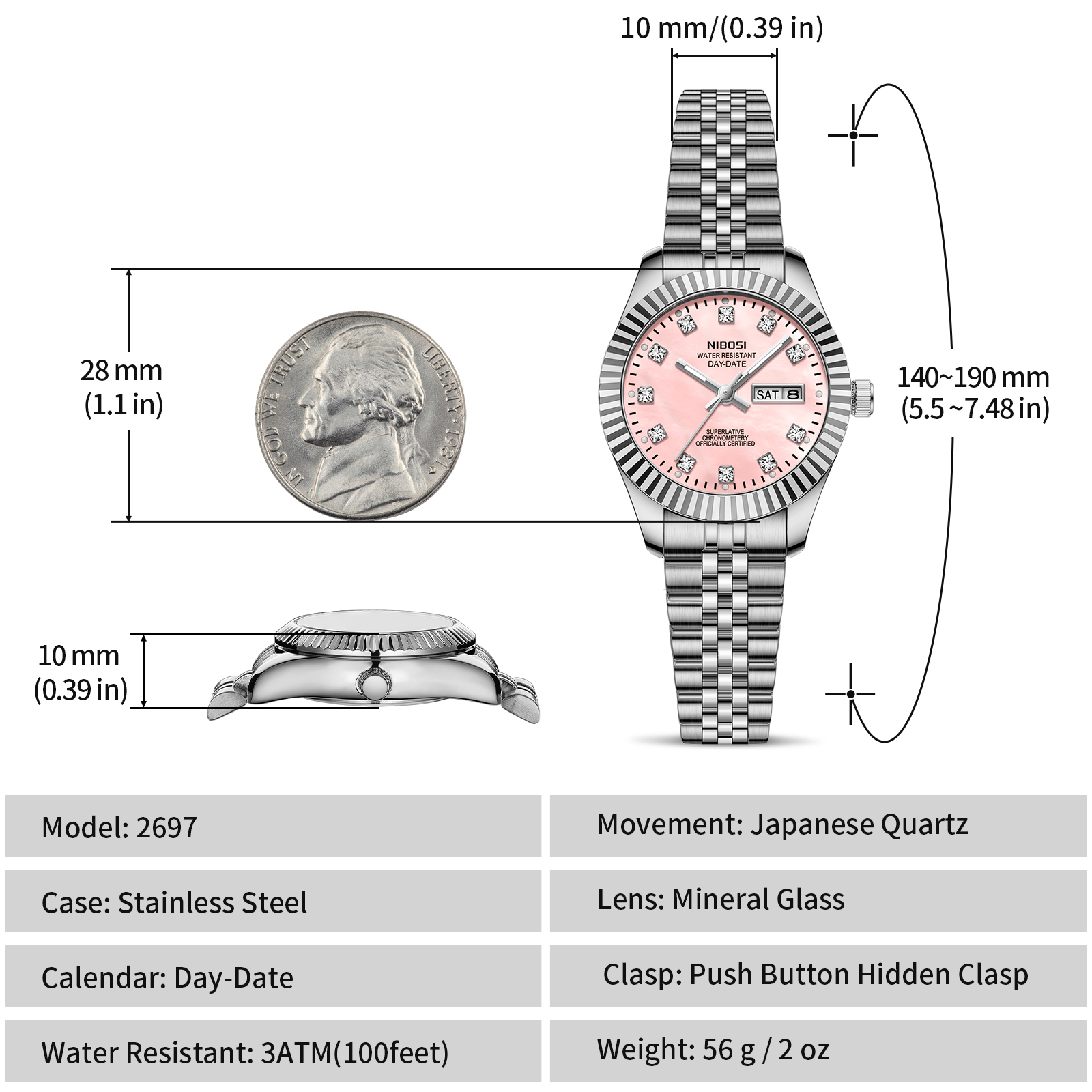 Nibosi Millbury Day-Date Silver Pink - 13
