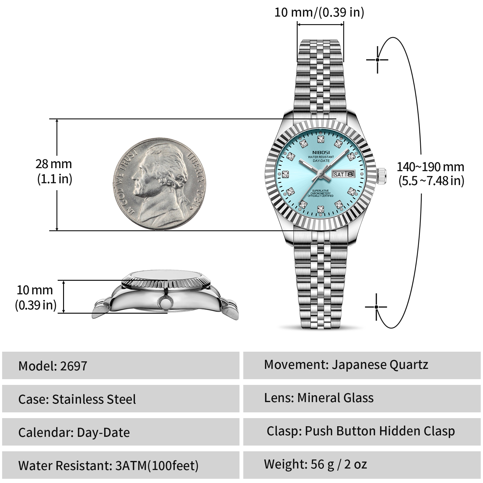 Nibosi Millbury Day-Date Silver Blue - 12