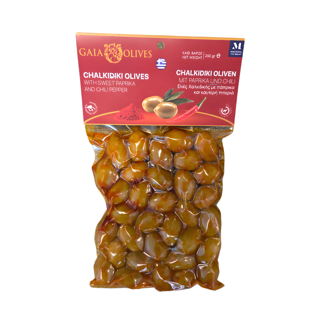 chalkidiki-oliver med söt paprika och chili, 250g gaia