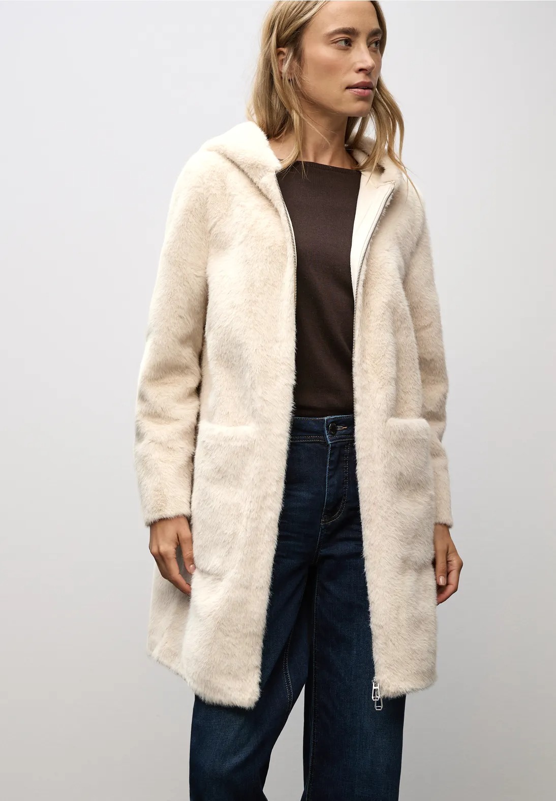 Fake Fur Coat With Hoody - Street One