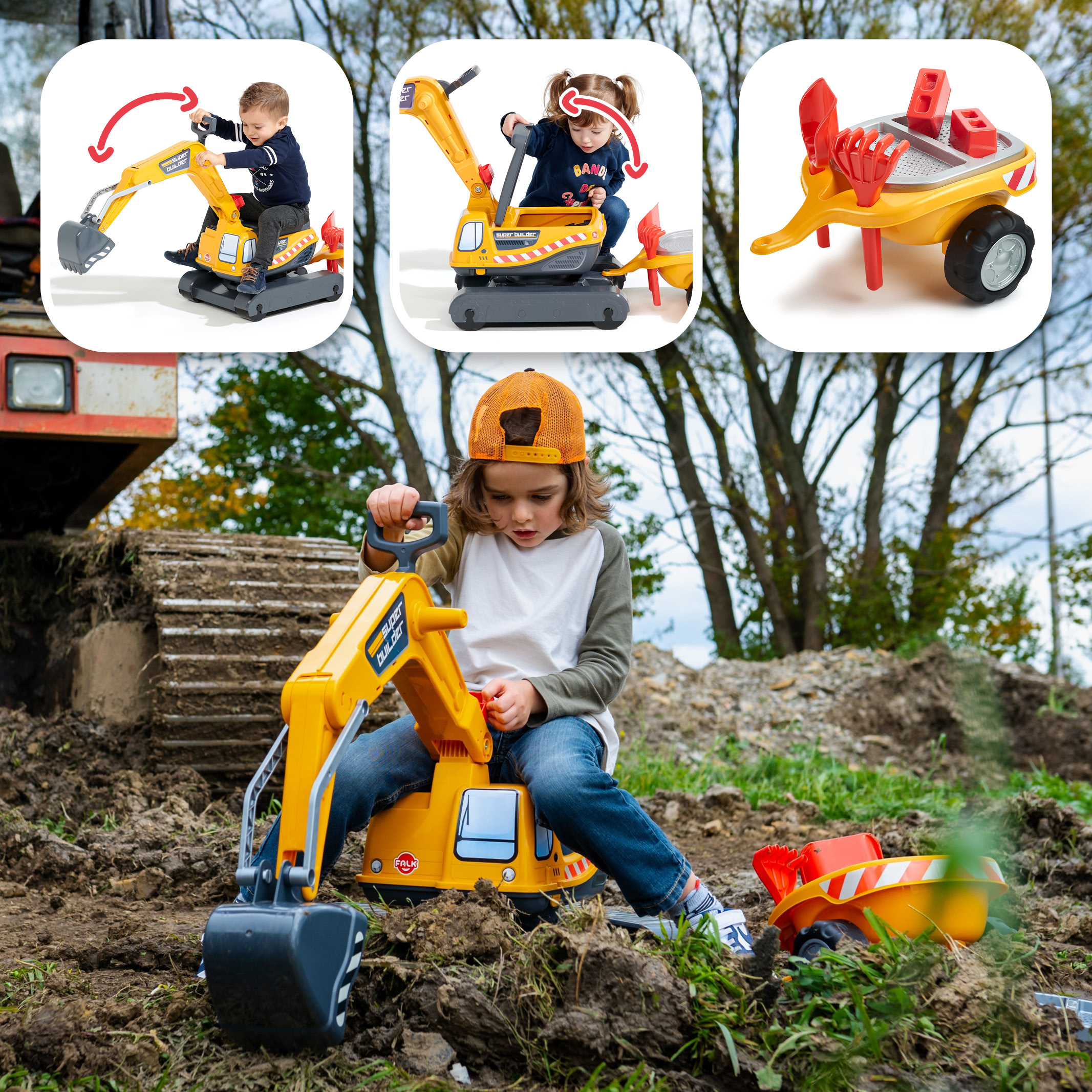FALK Grävmaskin Super Builder inkl vagn med tillbehör 3-7 år - 4