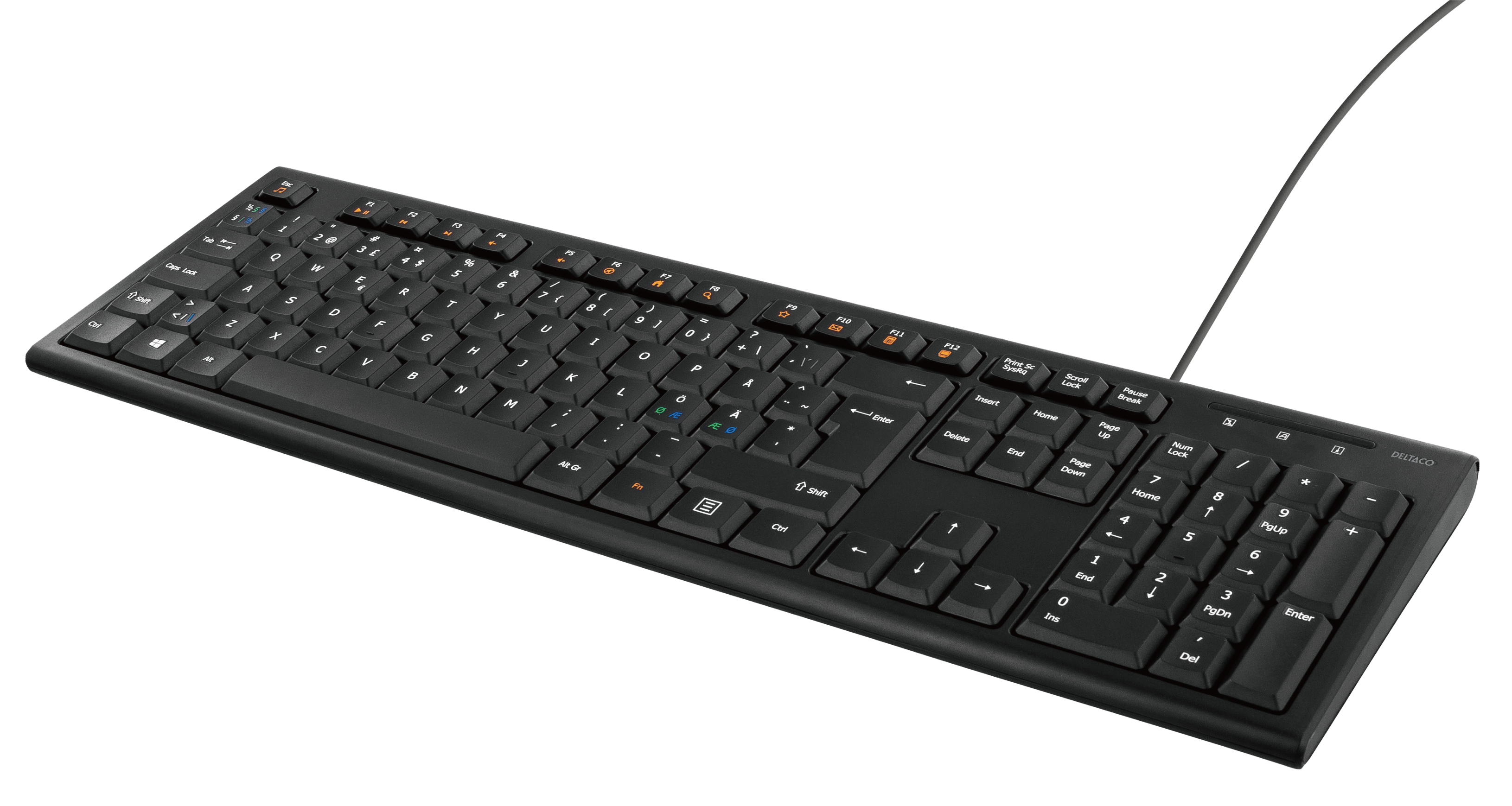 Deltaco Tangentbord, nordisk layout, USB-C, 1,1m kabel, svart
