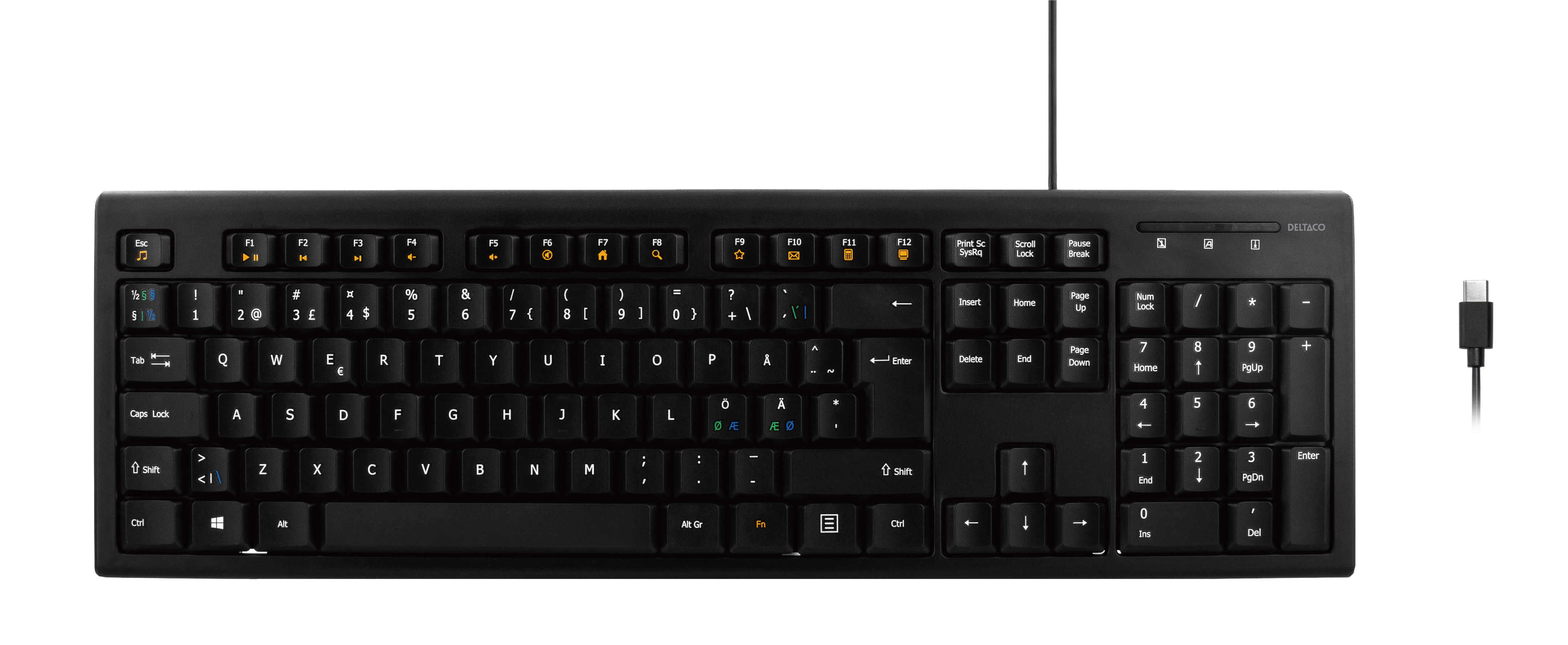 Deltaco Tangentbord, nordisk layout, USB-C, 1,1m kabel, svart - 3