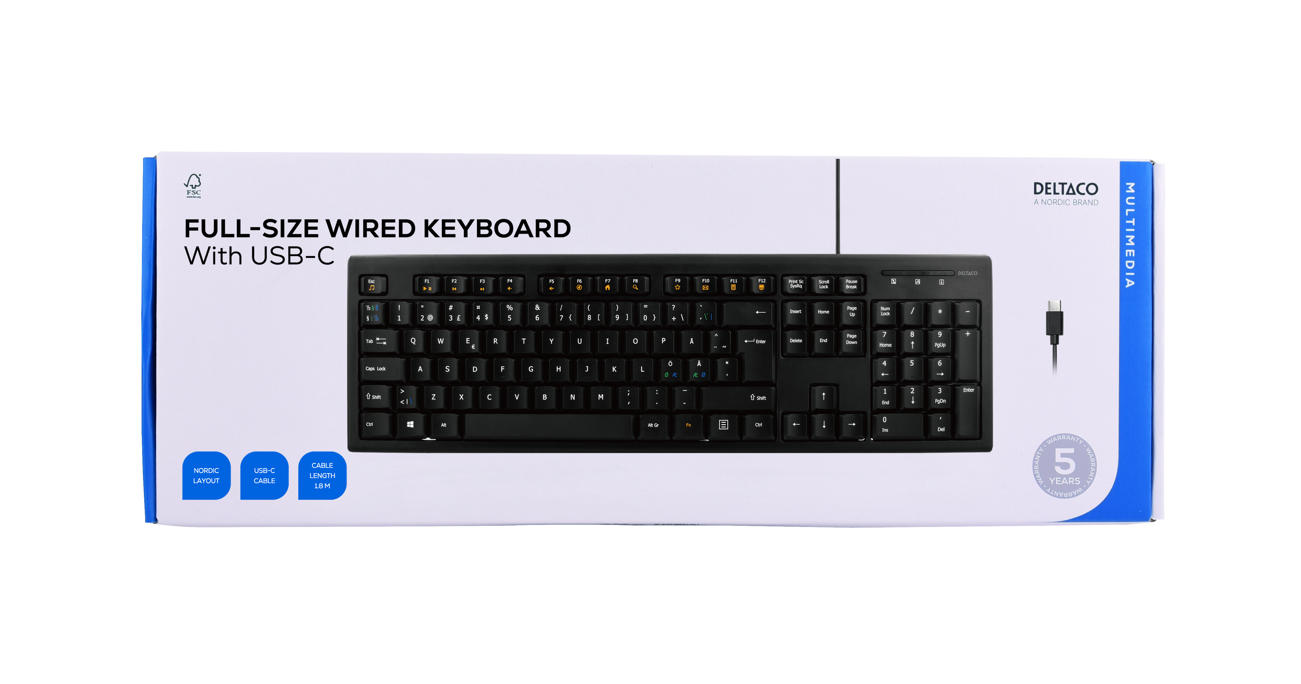 Deltaco Tangentbord, nordisk layout, USB-C, 1,1m kabel, svart - 4