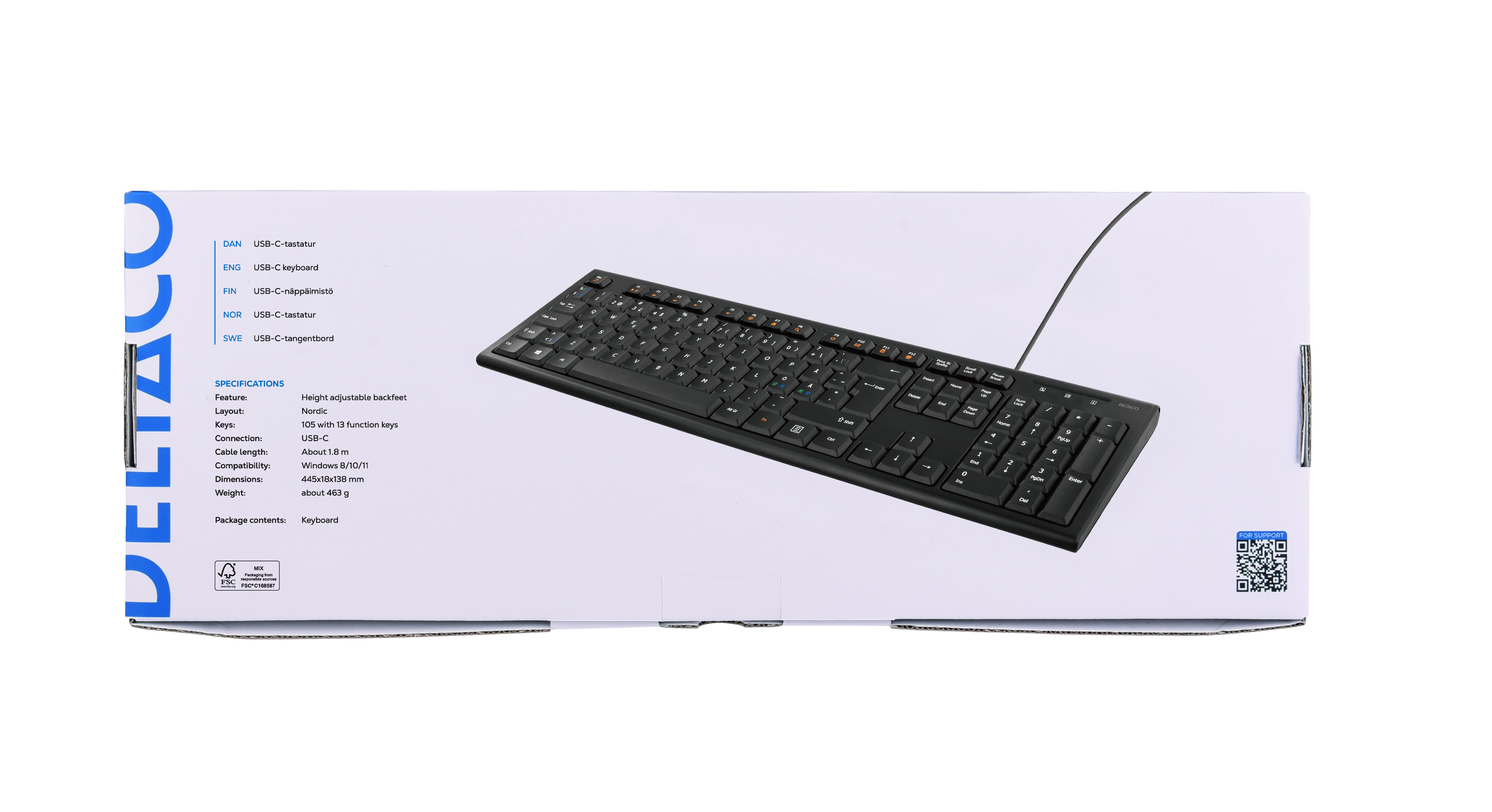 Deltaco Tangentbord, nordisk layout, USB-C, 1,1m kabel, svart - 5