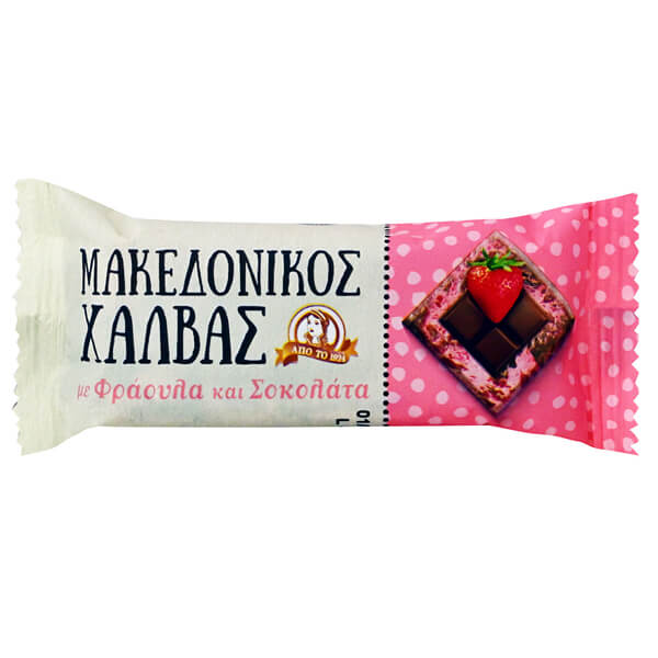 chalvas med jordgubb och choklad smak 40g, makedonikos