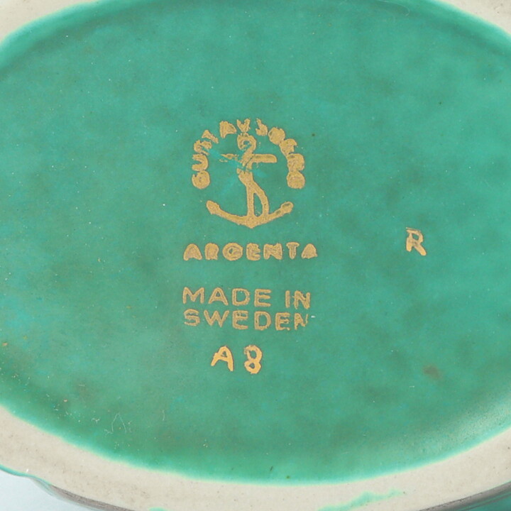 Wilhelm Kåge (Argenta 1955) Green Swelling Vase with Silver Lines Decor 16 cm