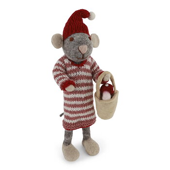Christmas decoration - Big Grey Girly Mouse in Dress with Mushroom in Bucket