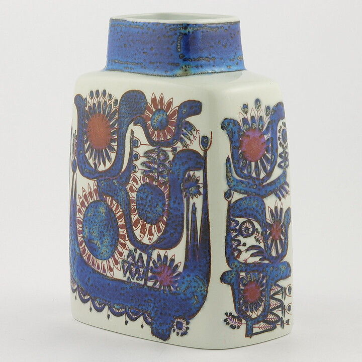 Berte Jessen (Tenera 1958) Block Vase with Blue/Purple Flower Decor 19 cm #436-3121