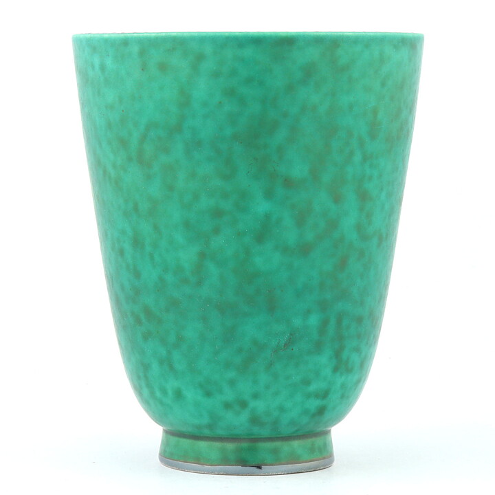 Wilhelm Kåge (Argenta 1933) Green Widening Vase with Silver Griffin Motif 13 cm