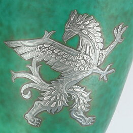 Wilhelm Kåge (Argenta 1933) Green Widening Vase with Silver Griffin Motif 13 cm