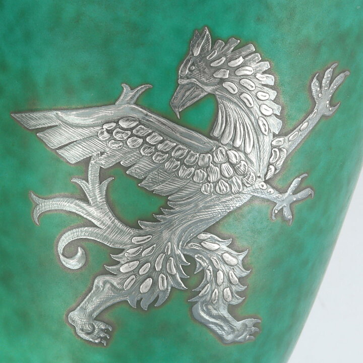 Wilhelm Kåge (Argenta 1933) Green Widening Vase with Silver Griffin Motif 13 cm