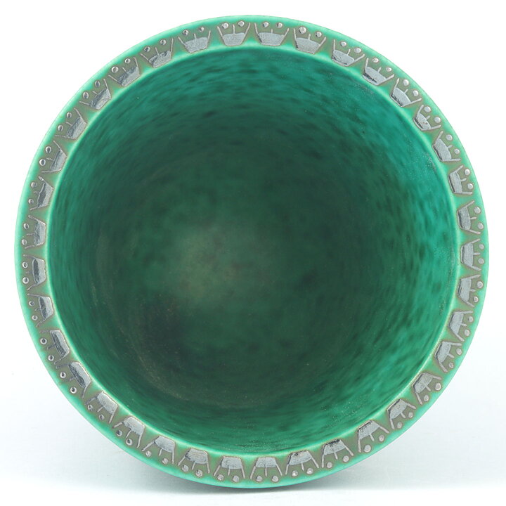 Wilhelm Kåge (Argenta 1933) Green Widening Vase with Silver Griffin Motif 13 cm