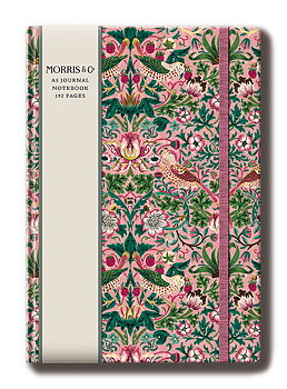 William Morris : Skrivhörnan Strawberry Thief Blush - Skrivbok  med resårband och läsband A5 linjerad