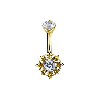 Belly button piercing - flower with crystal - steel 18k gold PVD