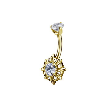 Belly button piercing - flower with crystal - steel 18k gold PVD