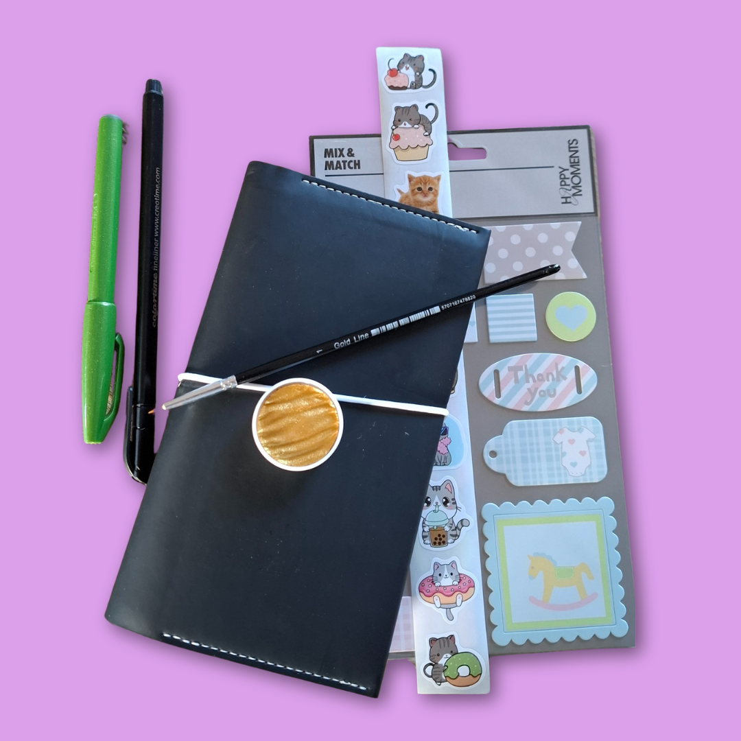 Bujo - kit med brushpen, fineliner, coliroguldfärg, pensel samt stickers
