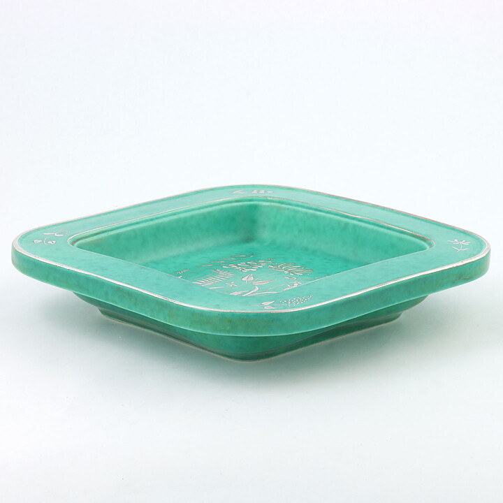 Wilhelm Kåge (Argenta 1938) Quadratic Bowl with Silver Flowers Decor 21 cm