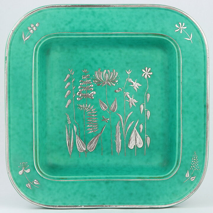 Wilhelm Kåge (Argenta 1938) Quadratic Bowl with Silver Flowers Decor 21 cm