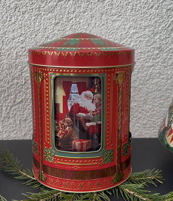 Plåtburk speldosa tomte röd 16 cm
