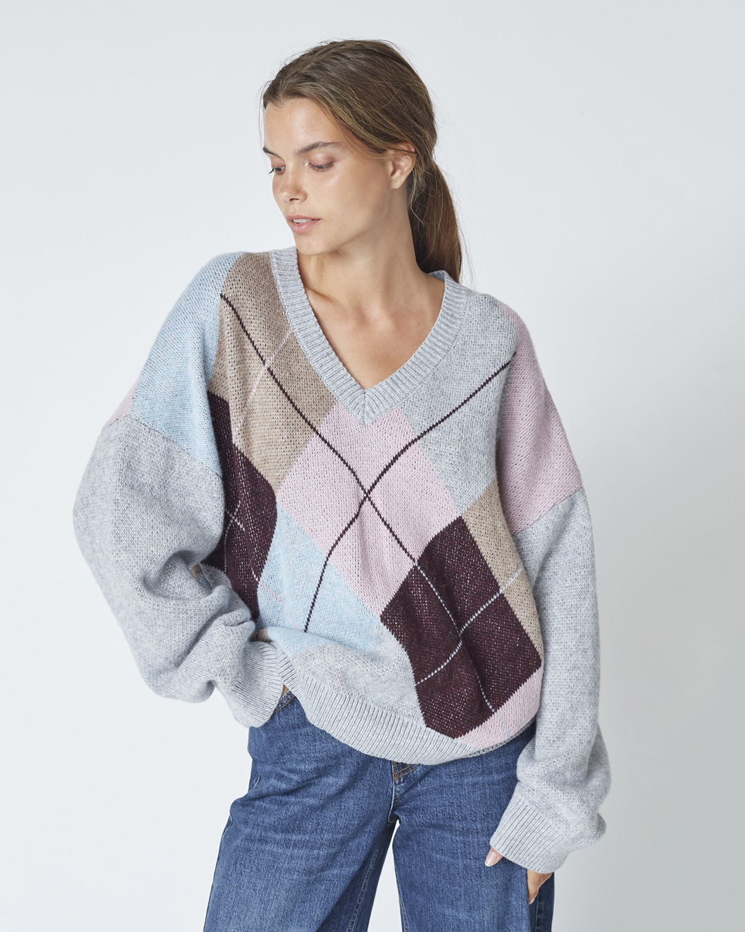 Jumper rutmönstrad grå/rosa/vinröd