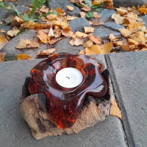 Glaslykta på trädrot, vit / orange glas, hög rot, 10x8cm - 2