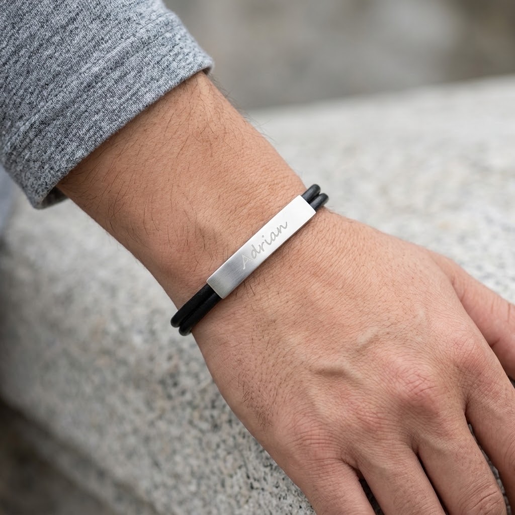 Svart personligt läder armband med gravyr - Rostfritt stål - 3