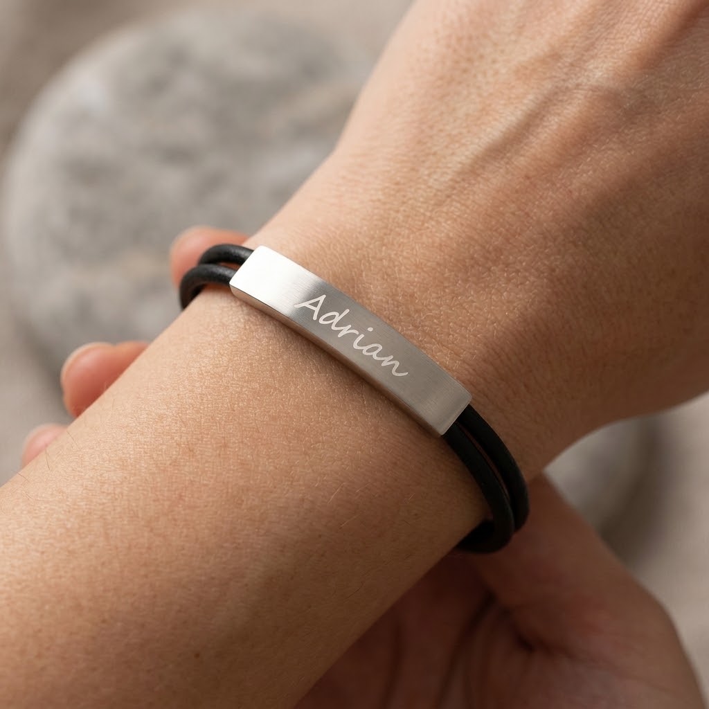 Svart personligt läder armband med gravyr - Rostfritt stål - 4
