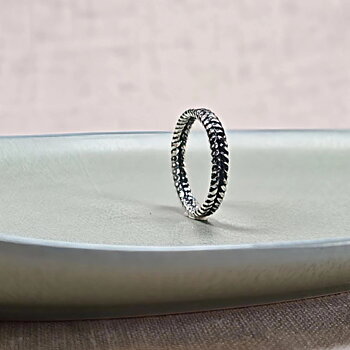IAMLUND SlingaSlingra ring i silver, smal ring med tvinnad och flätliknande struktur runt hela bandet, avfotograferad stående på ett ljusgrönt fat mot beige bakgrund. ring silver