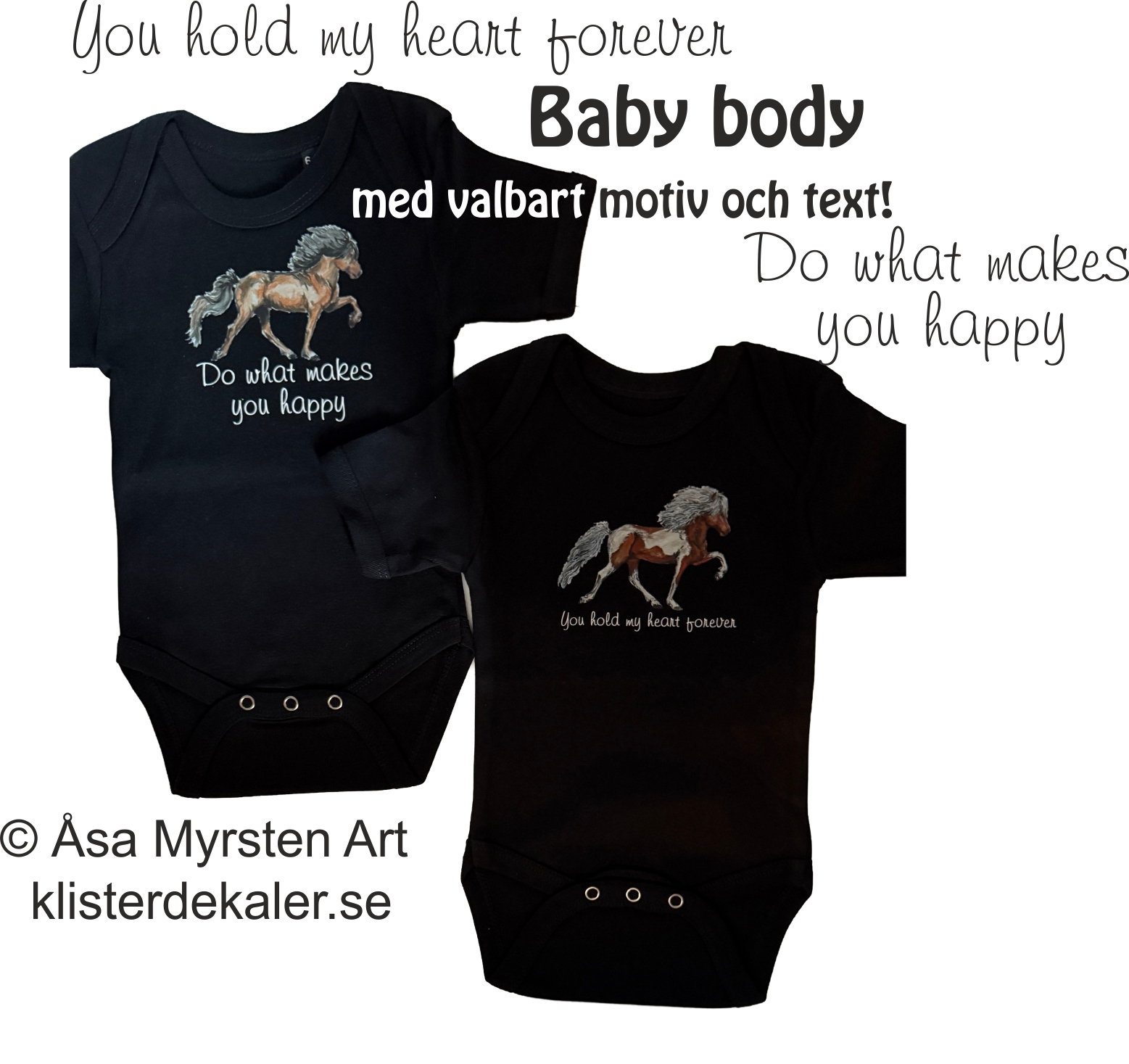 Baby body Islandshäst  6-12 mån valbart motiv och text