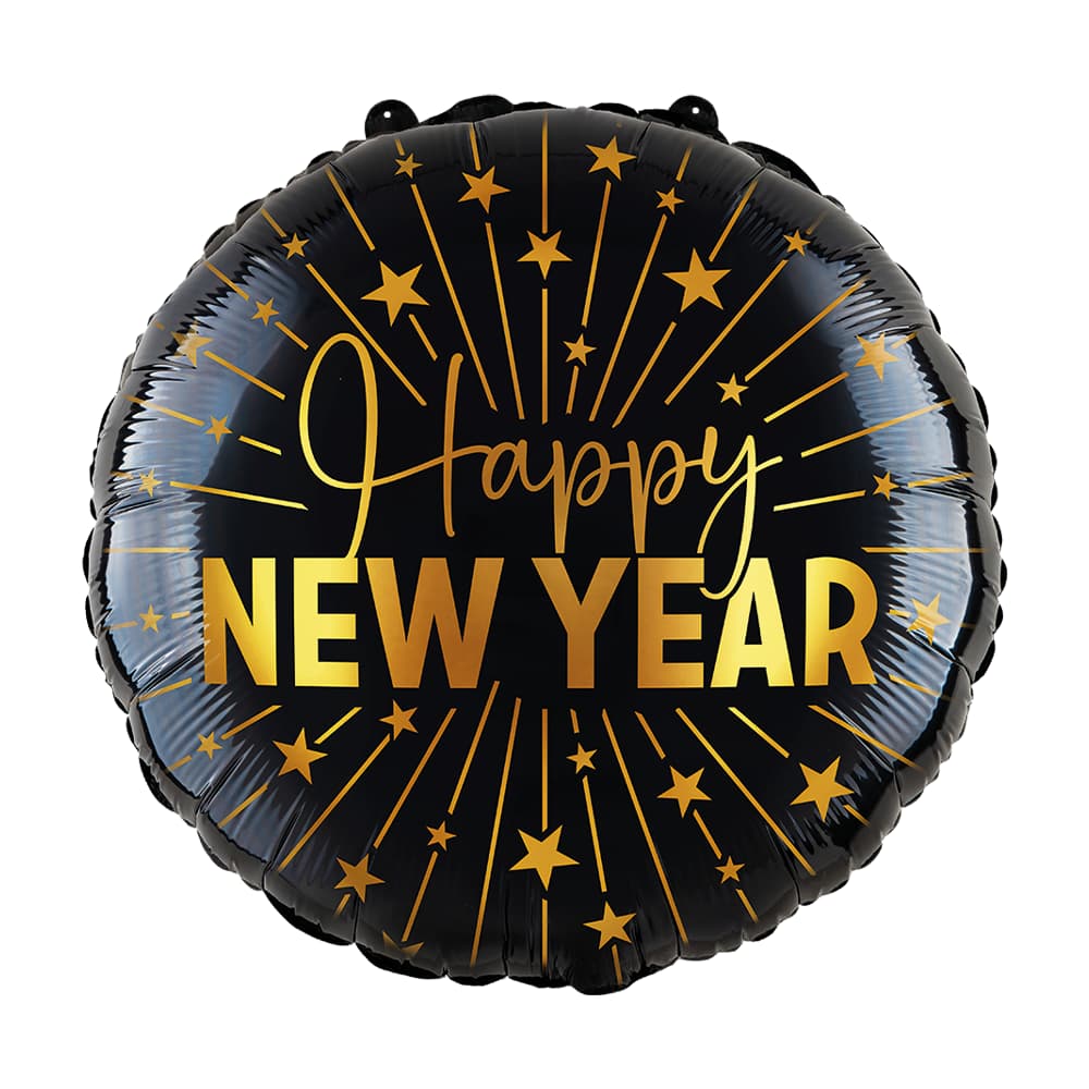 Folieballong - Svart med texten "Happy new year" och sprakande stjärnor