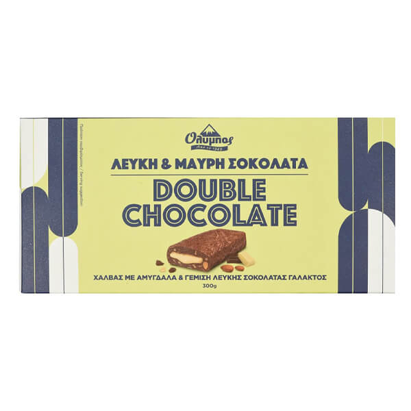 chalvas olympos, Dubbel choklad med mandlar och vit mjölkchoklad fyllning 300g