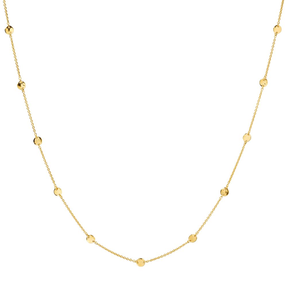 Syster P Solea halsband guld, tunt kedjehalsband med små hamrade länkar i 18 K guldpläterat sterling­silver, visat mot vit bakgrund.