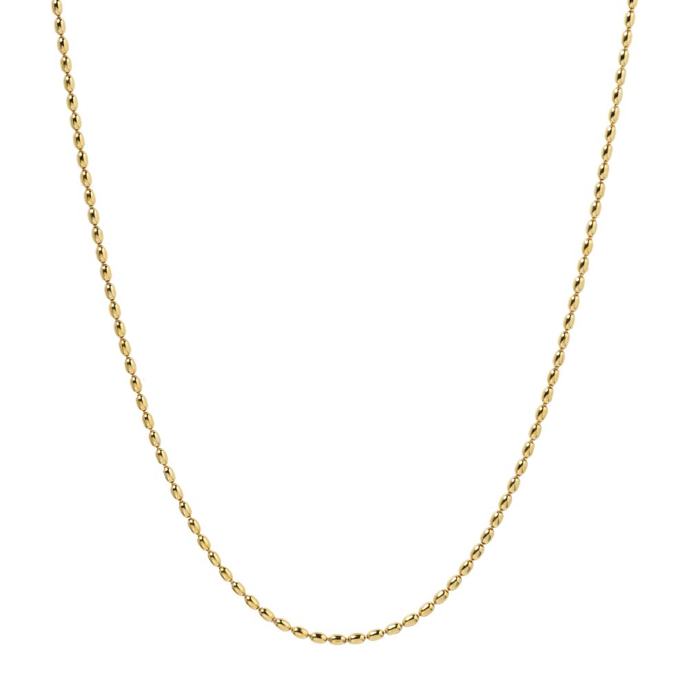 Syster P Lunetta halsband guld, tunt kedjehalsband med små ovala länkar i 18 K guldpläterat sterling­silver, visat mot vit bakgrund.