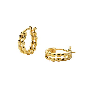 Syster P Lunetta örhängen guld, små creoler med dubbla rader ovala länkar i 18 K guldpläterat sterling­silver, visade mot vit bakgrund.  Alt-text bild 2: