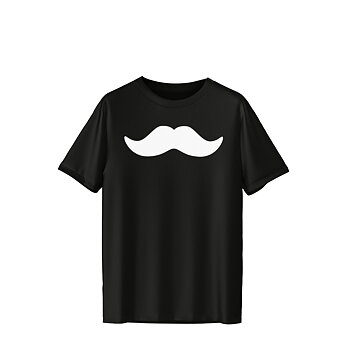 Svart t-shirt med en stor vit mustaschsymbol