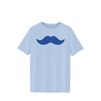 Ljusblå t-shirt med en stor blå mustaschsymbol