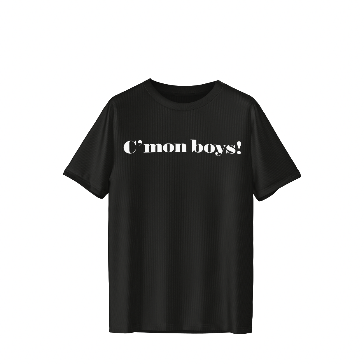 Svart t-shirt med texten C´mon boys tryckt i vitt 