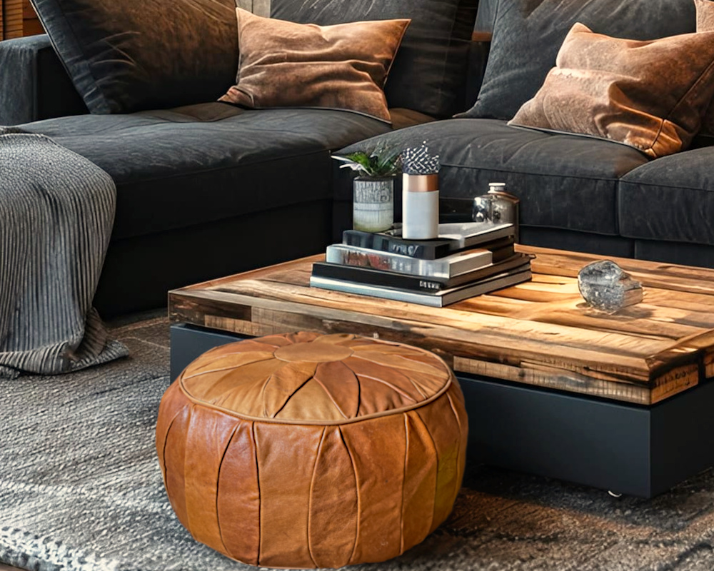 Läder Sittpuff Vintage