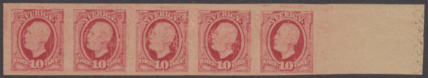 F 54p, 10 öre Oscar II färgavdrag femstrip