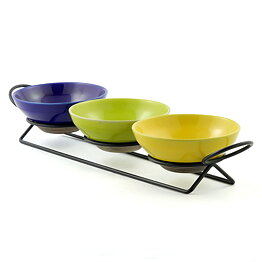 Carl-Harry Stålhane (Entré 1957) Three Colorful Bowls 13 cm with Relief Decor on a Metal Stand 40 cm