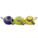 Carl-Harry Stålhane (Entré 1957) Three Colorful Bowls 13 cm with Relief Decor on a Metal Stand 40 cm