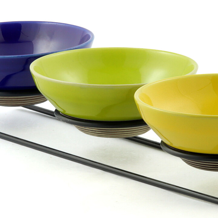 Carl-Harry Stålhane (Entré 1957) Three Colorful Bowls 13 cm with Relief Decor on a Metal Stand 40 cm