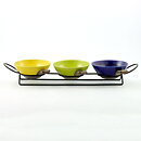 Carl-Harry Stålhane (Entré 1957) Three Colorful Bowls 13 cm with Relief Decor on a Metal Stand 40 cm