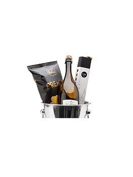 Champagnekylare med alkoholfritt bubbel, chips & tryfflar