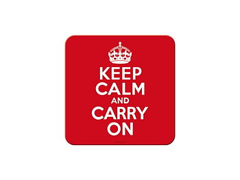 Keep Calm and Carry on :  Muggunderlägg i metall med baksida av kork