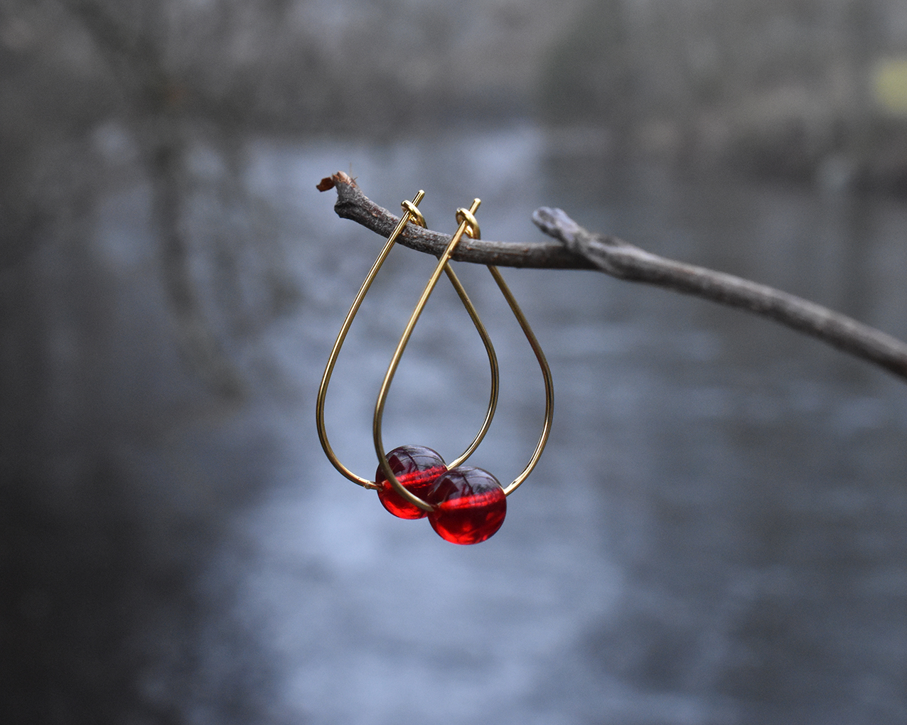 LEAF LINGON BERRY - red earrings gold plated - 2