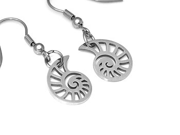 Ammonit Örhängen i Rostfritt Stål, Fossil Örhänge, Djur Accessoar, Natur Smycke