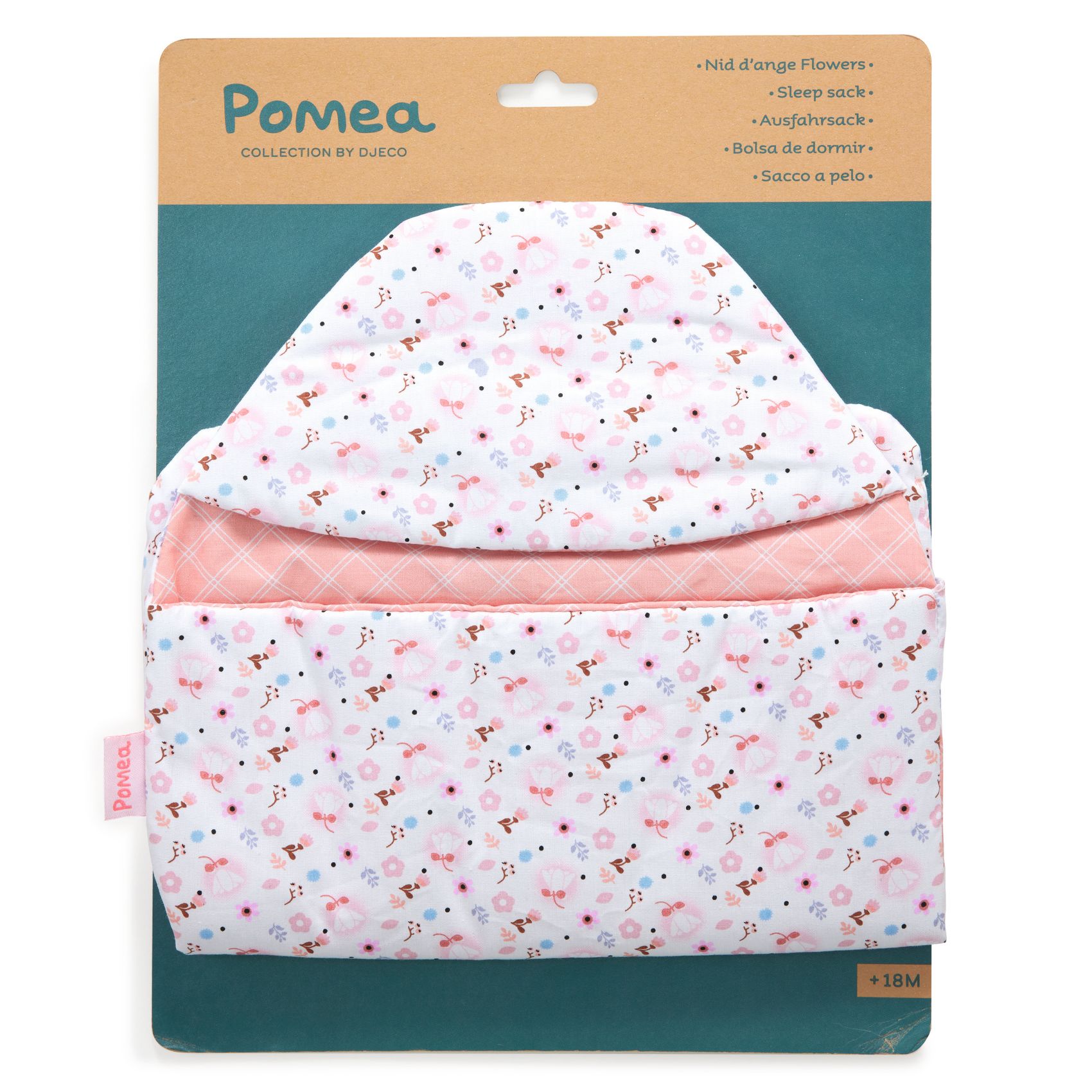 Åkpåse till dockan Doll Sleep Sack - Flowers från Pomeo for Djeco - rosa foder - 2