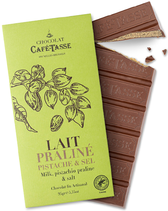 Ljus choklad med fyllning av pistage, puffat ris och havssalt (praliné) 95g